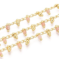 Солнечный Камень Латунь бордюр цепи, с бусинами из натурального солнечного камня, пайки, с катушкой, долговечный, золотые, пайки, кубические, 5~6x2~2.5x2~2.5 мм