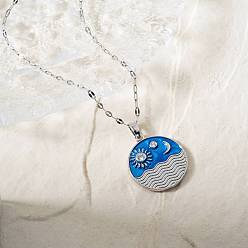 Платина Элегантные латунные ожерелья с подвесками в виде волн, солнца и луны из морской эмали, с четким кубического циркония, платина, 15.75 дюйм (40 см)