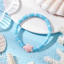 Tortoise Плоские круглые браслеты ручной работы из полимерной глины heishi с бусинами, составные браслеты для женщин, с синтетической бирюзовой крошкой и фарфором, черепаха, внутренний диаметр: 2-1/4 дюйм (5.8 см)