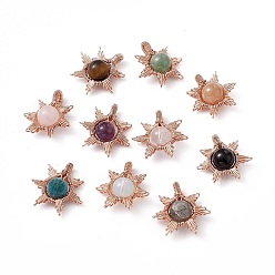 Mixed Stone Natural & Synthetic Mixed Gemstone Pendants, Sun Charms, with Rack Plating Rose Gold Tone Brass Findings, Cadmium Free & Lead Free, 26~28x24~28x10mm, Hole: 2x4mm