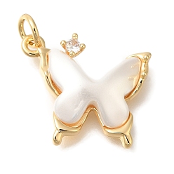 Настоящее золото 18K Подвески из латуни с микропаве из кубических цирконий и ракушек, бабочки прелести, с целью перехода в кольце, без кадмия, без никеля и без свинца, реальный 18 k позолоченный, 15.5x18.5x4.5 мм, отверстие : 3.5 мм