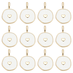 White 12Pcs Brass Enamel Pendants, Flat Round with Heart, Golden, White, 20x13.5x2.5mm, Hole: 3.5x2mm
