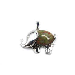 Унакит Природные подвески Unakite, Слон прелести, с металлической фурнитурой с платиновым покрытием, 27x33 мм