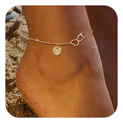 Letter S Латунные двойные сердечки плоские круглые инициалы браслеты на ногу для женщин, золотые, Письмо с, 9-1/8 дюйм (230 мм)