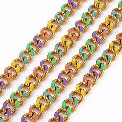 Colorful 304 Stainless Steel Cuban Link Chains, Faceted, with Enamel, with Spool, Unwelded, Cadmium Free & Nickel Free & Lead Free, Golden, Colorful, 8x6x2.5mm, about 10m/roll