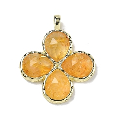 Желтый Кварц Подвески из натурального желтого кварца с огранкой, Подвески в виде клевера с латунными застежками с гальваническим покрытием., золотые, 30~31x25.5x5.5~6 мм, отверстие : 4x3 мм