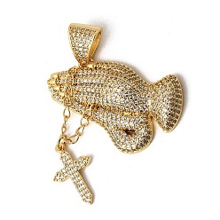 Настоящее золото 18K Латунные микропаве прозрачные подвески с фианитом, высовывающаяся рука с амулетами в виде крестов, долговечный, стойки покрытие, без свинца и без кадмия, реальный 18 k позолоченный, 47.5 мм, отверстие : 8.5x5.5 мм