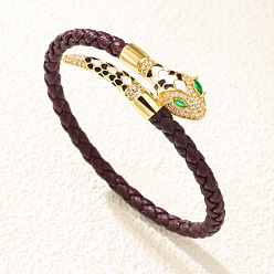 Кокосово-Коричневый Браслеты-манжеты из сплава кубических цирконий и эмали с плетеным шнуром из искусственной кожи, змея, кокосового коричневый, внутренний диаметр: 2~2-1/2 дюйм (5~6.5 см)