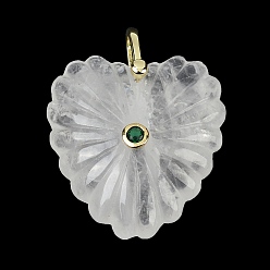 Хрусталь Резные подвески из натуральных кристаллов кварца, Подвески в форме сердца из горного хрусталя с фурнитурой из кубического циркония, инкрустированной микропаве из латуни., золотые, 32x30x11.5 мм, отверстие : 6x5.5 мм