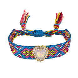 Озёрно--синий Регулируемые браслеты-слайдеры из хлопка и сплава с сердечками и стразами., браслеты макраме для женщин, с кистями, Плут синий, 5.91~9.84 дюйм (15~25 см)