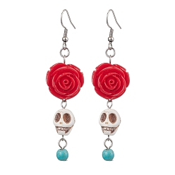 Нержавеющая Сталь Цвет 304 из нержавеющей стали болтаться серьги, череп из смолы и синтетической бирюзы с цветком, для Хэллоуина, цвет нержавеющей стали, 72x18~18.5 мм