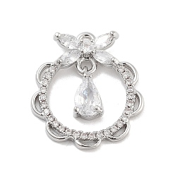 Платина Подвески из латуни с прозрачным фианитом, без кадмия, без никеля и без свинца, плоский круг со слезой, платина, 19x16.5x3.5 мм, отверстие : 1.4 мм