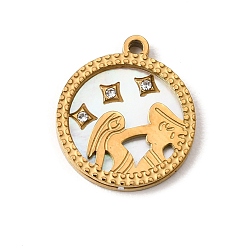 Virgo 12 Constellations 304 Stainless Steel & Natural Shell & Rhinestone Pendants, Ion Plating(IP), Long-Lasting Plated, Virgo Charm, 17x15x2mm, Hole: 1.5mm