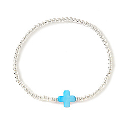 Небесно-голубой Латунные круглые бусины эластичные браслеты, крестик из натуральных ракушек для женщин, платина, голубой, 6.89 дюйм (17.5 см)