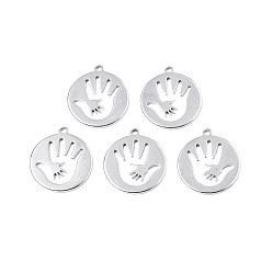 Stainless Steel Color Non-Tarnish 201 Stainless Steel Pendants, Flat Round with Palm, Stainless Steel Color, 24.5x21.5x1.5mm, Hole: 2mm
