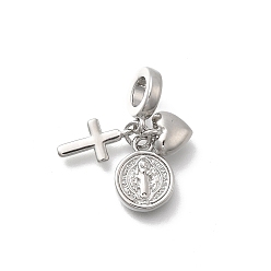 Платина Латунные Европейский подвески болтаться, плоские круглые подвески в форме креста и сердца с большим отверстием, без кадмия и без свинца, стойки покрытие, долговечный, платина, 25.5 мм, отверстие : 5 мм