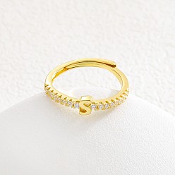 Letter S Регулируемые латунные кольца с микропаве из прозрачных кубических цирконий для женщин, буквы, золотые, Письмо с, внутренний диаметр: 16~19 мм