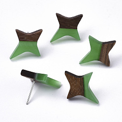 Medium Sea Green Resin & Walnut Wood Stud Earrings, with 304 Stainless Steel Pin, Star, Medium Sea Green, 21x17~18mm, Pin: 0.7mm