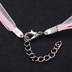 Pearl Pink Jewelry Making Necklace Cord, Organza Ribbon & Waxed Cotton Cord & Platinum Color Iron Clasp, Pearl Pink, 430x6mm