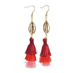 Red Tassels Dangle Earrings, with Electroplated Shell Beads and Stainless Steel Findings, Red, 95mm, Pendants: 77x12x6mm, Pin: 0.7mm