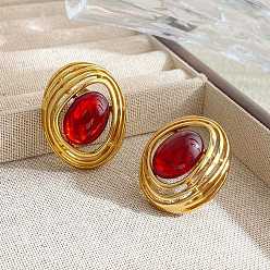 Rouge 304 boucles d'oreilles en résine d'acier inoxydable, ovale, or, rouge, 35x28mm