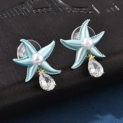 Морская звезда Латунь кубического циркония серьги стержня, с имитацией жемчуга, серия океана, золотые, морская звезда, 23x19 мм