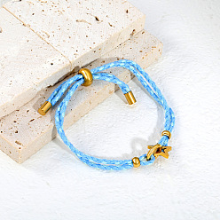 Étoile  304 Bracelets coulissants ajustables en cordon de coton tressé à maillons en acier inoxydable, or, bleuet, étoiles, 9.06 pouce (23 cm)