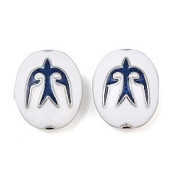 Dark Blue Brass Enamel Beads, Oval with Bird Pattern, Real Platinum Plated, Dark Blue, 18x15x7.5mm, Hole: 1.8mm