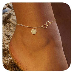 Letter M Латунные двойные сердечки плоские круглые инициалы браслеты на ногу для женщин, золотые, Буква М, 9-1/8 дюйм (230 мм)