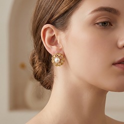Настоящее золото 18K 304 Серьги-гвоздики в виде цветка из нержавеющей стали и искусственного жемчуга для женщин, реальный 18 k позолоченный, 18 мм