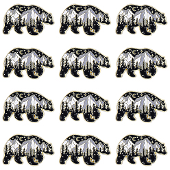 Doré  12pcs broches en alliage émaillé, broche en émail, avec embrayages papillon, ours avec la montagne de neige, noir, or, 17.5x28.5mm