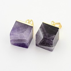 Amethyst Natural Amethyst Gemstone Cube Pendants, with Golden Plated Brass Finding, 25x16x16mm, Hole: 5x8mm
