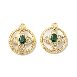 Настоящее золото 18K Латунные микропаве прозрачные кубические циркониевые подвески, без кадмия, без никеля и без свинца, со стеклом, ракушкой и кольцом для прыжков, плоские круглые с цветком, реальный 18 k позолоченный, 14x12x5 мм, отверстие : 1.2 мм