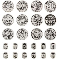 Antique Silver Twelve Constellations Alloy Beads, European Beads & Slide Charms, Column & Flat Round, Antique Silver, 7.5x7mm, Hole: 4.5mm, 17x4.6mm, hole: 2x11mm, 24pcs/box