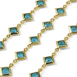 Темно-Голубой Латунные стеклянные ромбовидные цепи, с катушкой, долговечный, пайки, без свинца и без кадмия, стойки покрытие, реальный 18 k позолоченный, глубокое синее небо, 15x9x2.5 мм