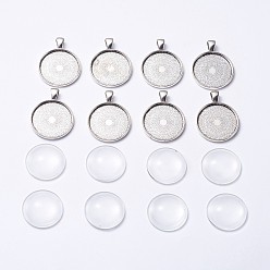 Античное Серебро Поделки кулон решений, тибетский стиль Сплав настройки кабошон и прозрачные стеклянные кабошоны, плоско-круглые, античное серебро, лоток : 25 мм, 36.5x28x3 мм, отверстие : 7x4 мм, 24.5~25x6~7 мм