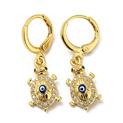 Dark Blue Golden Brass Dangle Leverback Earrings, with Enamel and Cubic Zirconia, Tortoise with Evil Eye, Dark Blue, 30x9.5mm