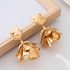 Golden Alloy Stud Dangle Earrings for Women, Flower, Golden, 80x40mm
