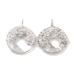 Говлит Естественно Howlite большие кулоны, с платиновой и латунной фурнитурой, долговечный, без свинца и без кадмия, плоские круглые с деревом, 62x49x6~13 мм, отверстие : 7x4 мм