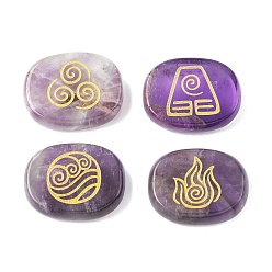 Аметист 4шт 4 стили натуральный аметист дисплей украшения, фигурка для украшения дома, энергетический камень рейки для исцеления, овал с символами воздуха, пожар, элементы воды и почвы, 25x20x7~7.5 мм, 1 шт / стиль