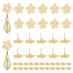 Real 18K Gold Plated 20Pcs Brass Stud Earring Findings, with 20Pcs 304 Stainless Steel Ear Nuts, Flower, Real 18K Gold Plated, 14.5x13mm, Hole: 1mm, Pin: 0.6mm
