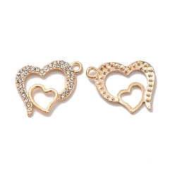 Golden Alloy Rhinestone Pendants, Double Heart Charms, Golden, 23x18x2mm, Hole: 2mm