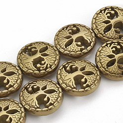 с Покрытием Меди Гальванизировать немагнитных синтетический гематит бисер пряди, плоские круглые с дерева жизни, с медным покрытием, 12~12.5x4~4.5 мм, отверстие : 1 мм, около 30 шт / нитка, 14.56 дюйм