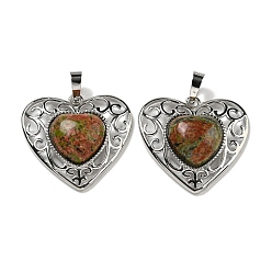 Unakite Natural Unakite Peach Love Heart Pendants, Rack Plating Brass Hollow Heart Charms, Cadmium Free & Lead Free, 29.5x30.5x7.5mm, Hole: 7.5x5mm