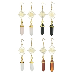 Golden Natural Mixed Gemstone Bullet Dangle Earrings, Brass Sun Long Drop Earrings, 82~85x23mm