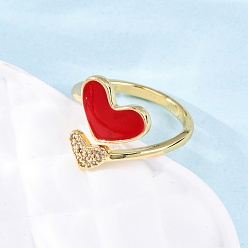 Красный Латунные кольца-манжеты с микропаве и прозрачным цирконием для женщин, сердце, с эмалью, стойки покрытие, без кадмия и без свинца, долговечный, реальный 18 k позолоченный, красные, внутренний диаметр: 17 мм