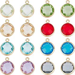 Mixed Color 16Pcs 8 Colors Brass Glass Charms, Golden, Long-Lasting Plated, Faceted Flat Round, Mixed Color, 13.5x11x5mm, Hole: 1.4mm, 2pcs/color
