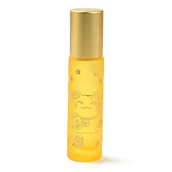 Gold Glass Roller Bottles, with Lid and Glass Roller Balls, Refillable Bottles, Column with Fortune Cat Pattern & Chinese Character, Gold, 2x8.6cm, Hole: 9.5mm, Capacity: 10ml(0.34fl. oz)