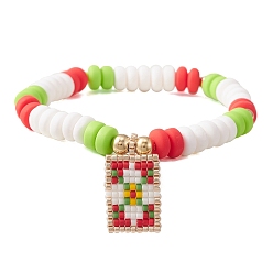 Flower Handmade Polymer Clay Bead Stretch Bracelets for Women, Seed Beads Loom Pattern Rectangle Pendant Bracelets, Christmas, Flower, Inner Diameter: 2-1/8 inch(5.3cm)
