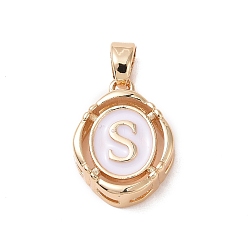 Letter S 304 aus Stahl-Email-Anhänger, Oval mit Buchstaben, golden, weiß, letter.s, 15.5x11.5x4 mm, Bohrung: 4.5x2.5 mm